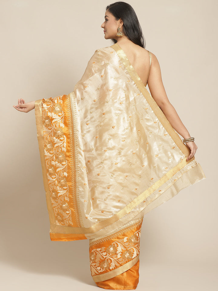 Tussar Handloom Banarasi Saree with Contrast Border & Resham Floral Embroidery