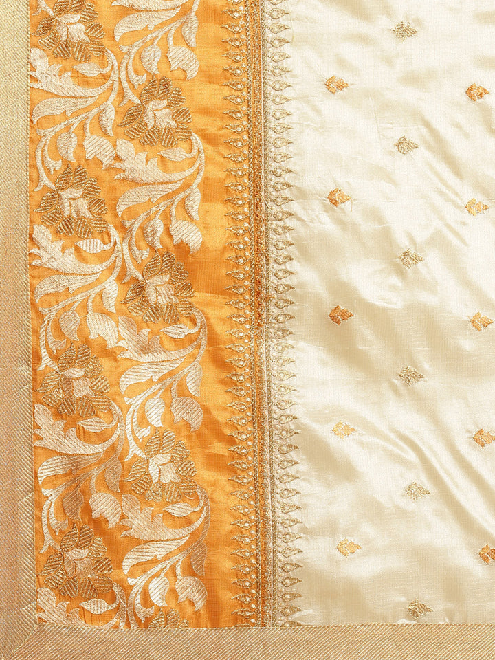Tussar Handloom Banarasi Saree with Contrast Border & Resham Floral Embroidery