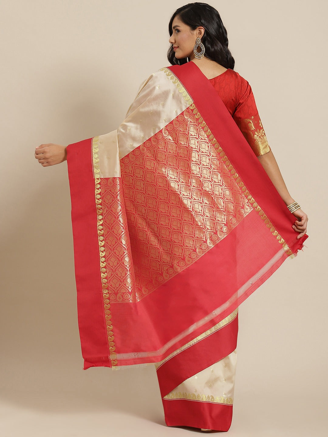 Handloom Bengali Style Kasavu Saree With Red Broad Border