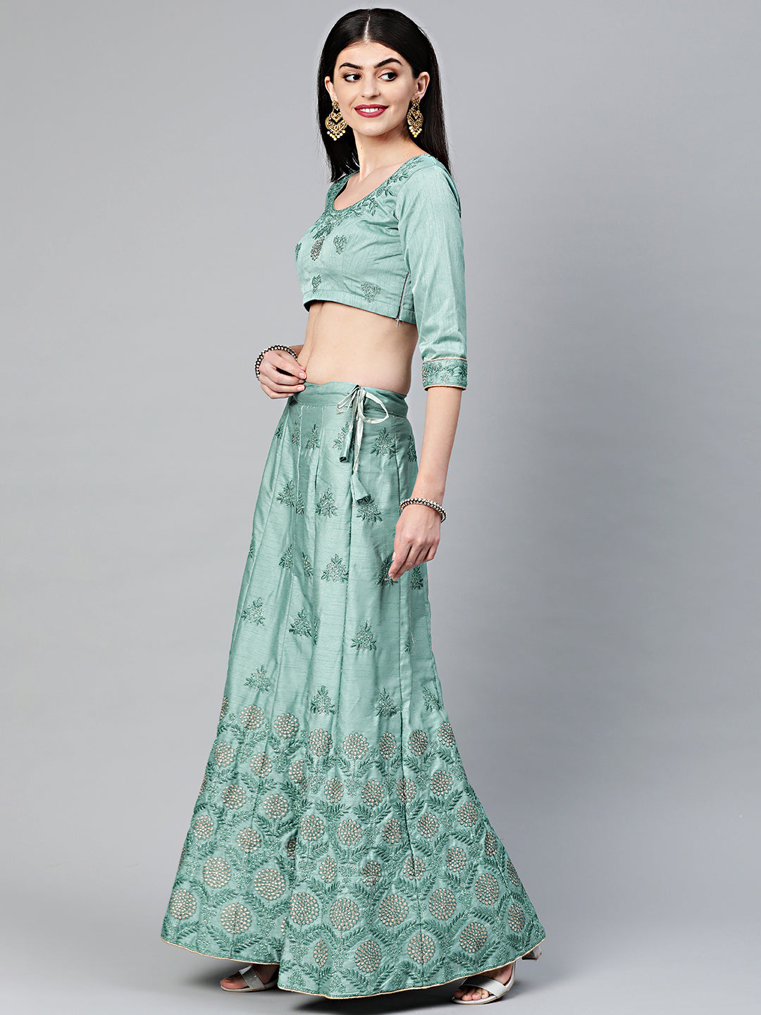 Aqua Zari & Resham embroidered Unstitched Lehenga
