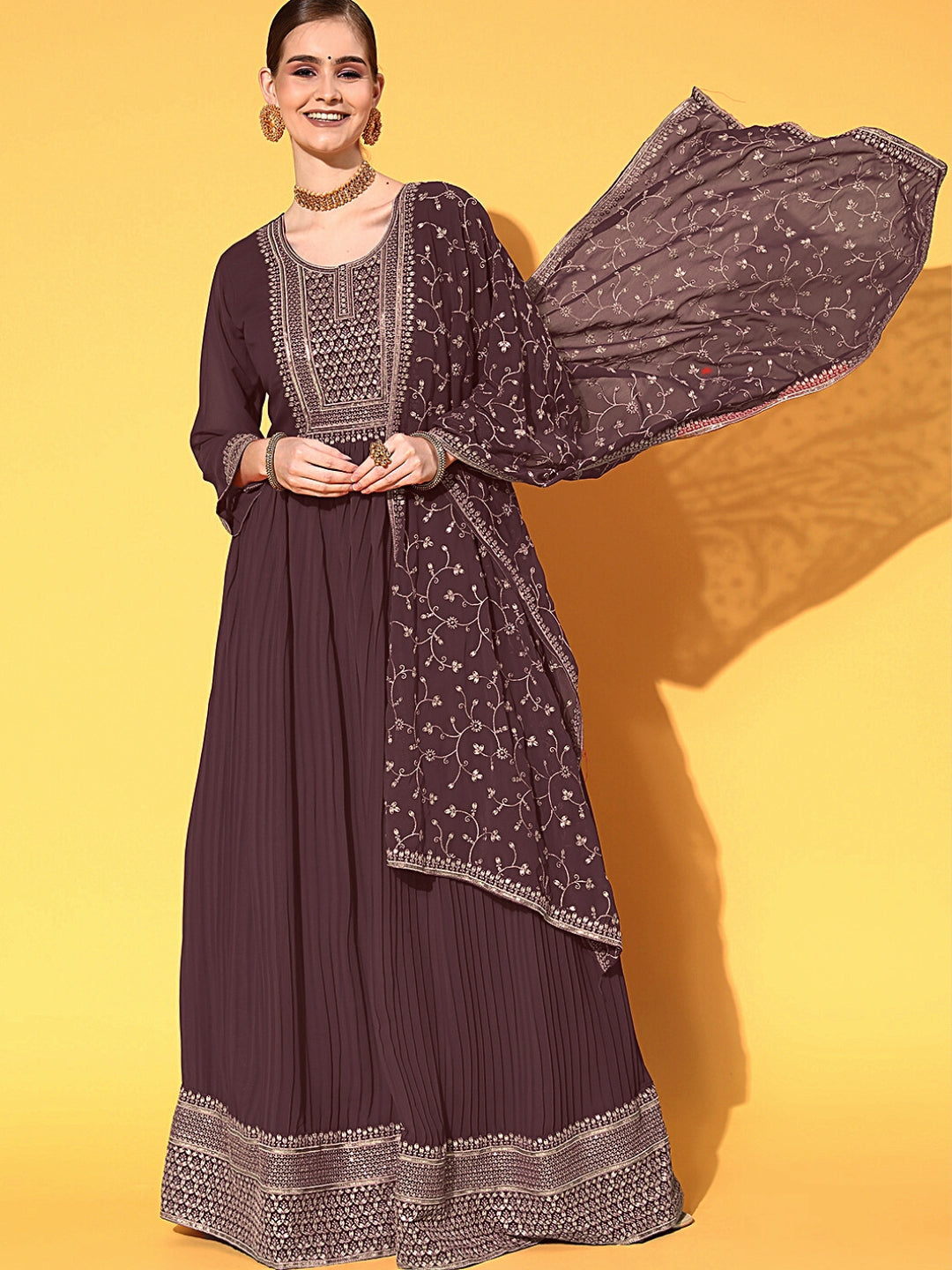 Pleated Georgette Anarkali Gown with Gold Aari Embroidery Dupatta