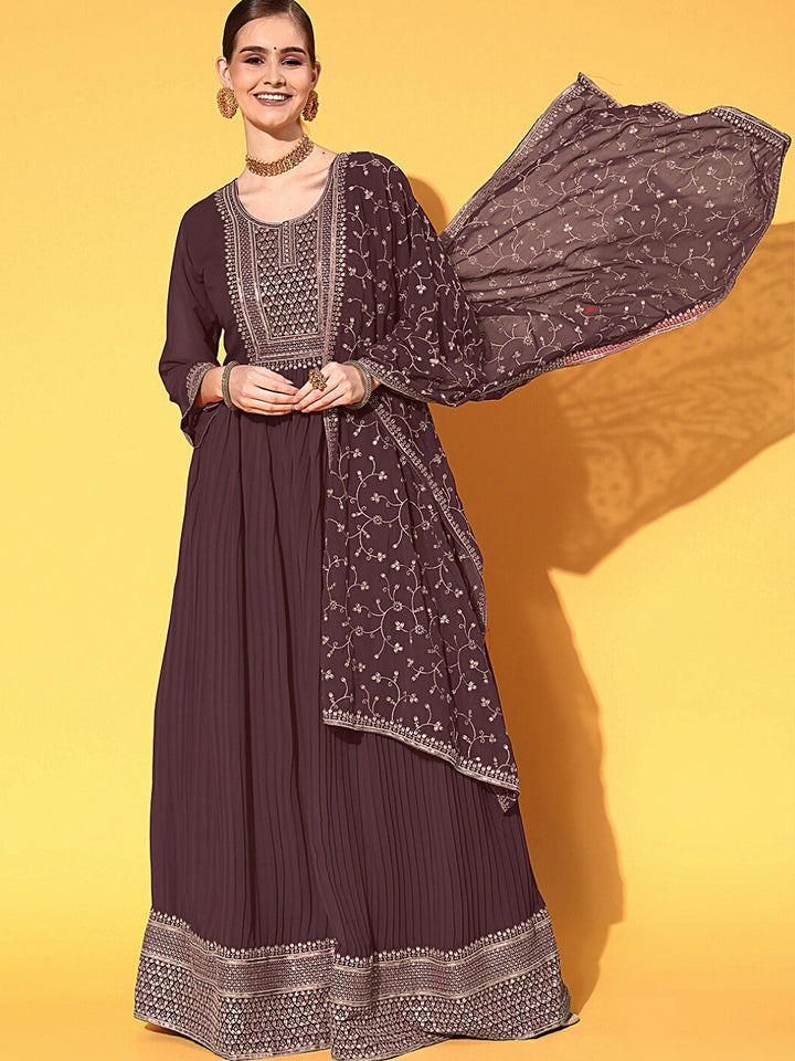 Pleated Georgette Anarkali Gown with Gold Aari Embroidery Dupatta
