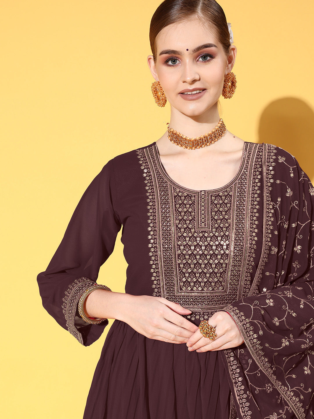 Pleated Georgette Anarkali Gown with Gold Aari Embroidery Dupatta