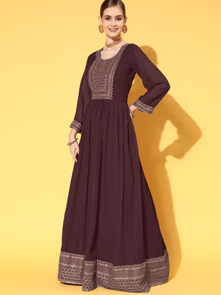 Pleated Georgette Anarkali Gown with Gold Aari Embroidery Dupatta