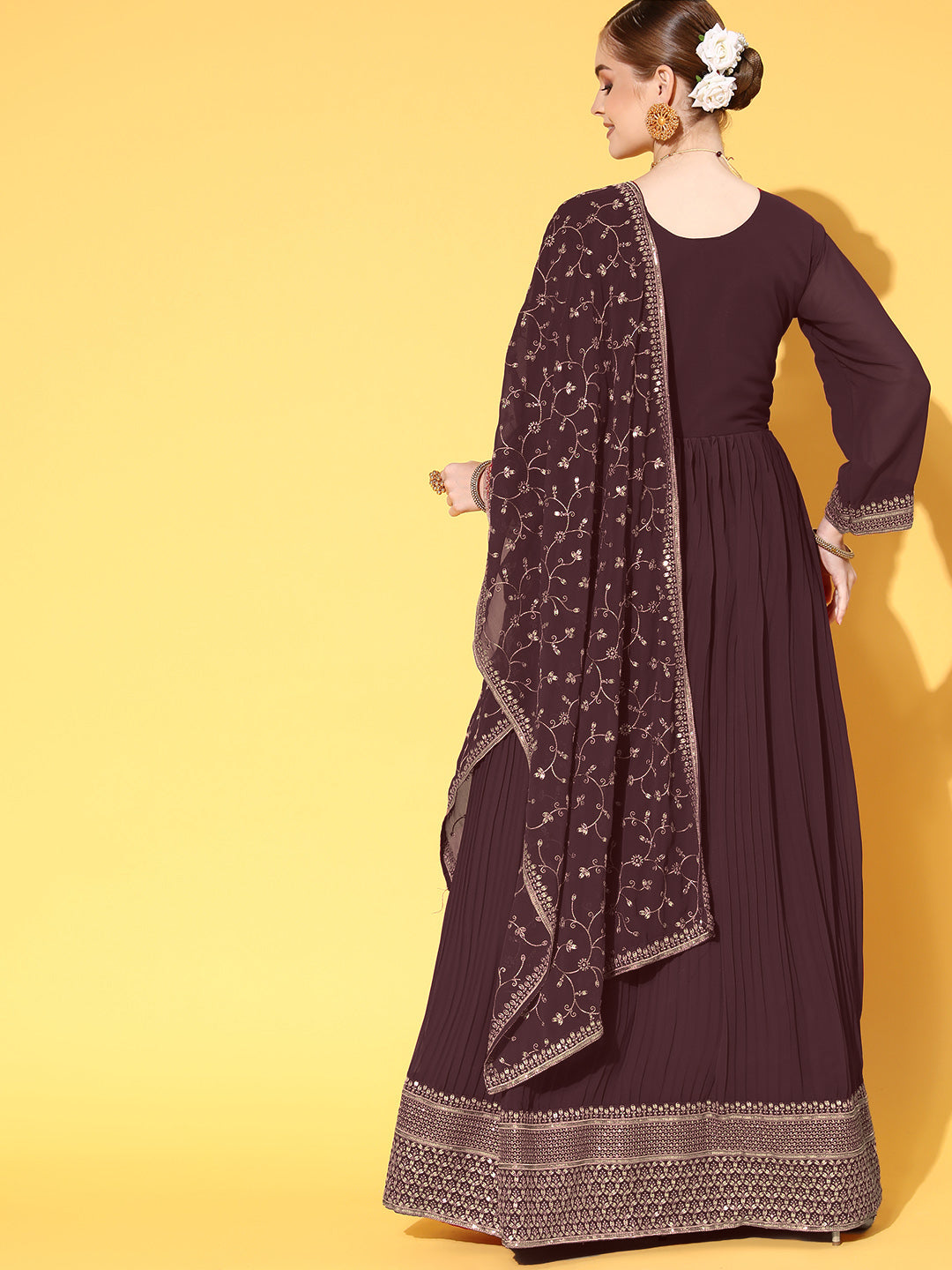 Pleated Georgette Anarkali Gown with Gold Aari Embroidery Dupatta