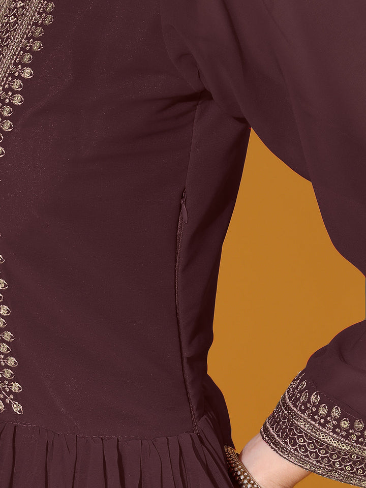 Pleated Georgette Anarkali Gown with Gold Aari Embroidery Dupatta