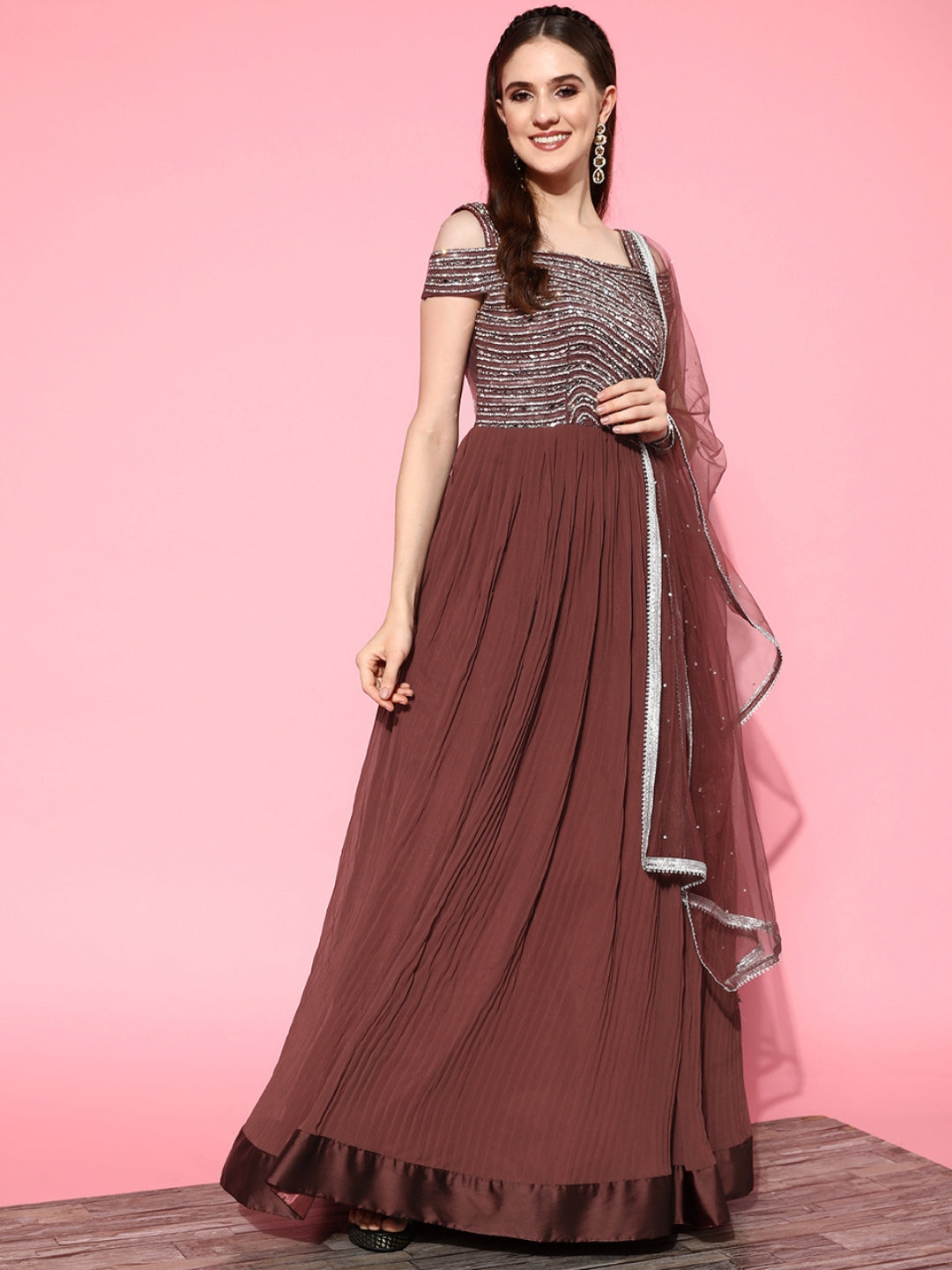 Mirror Work Embellished Pleated Georgette Gown with Sequinned Dupatta