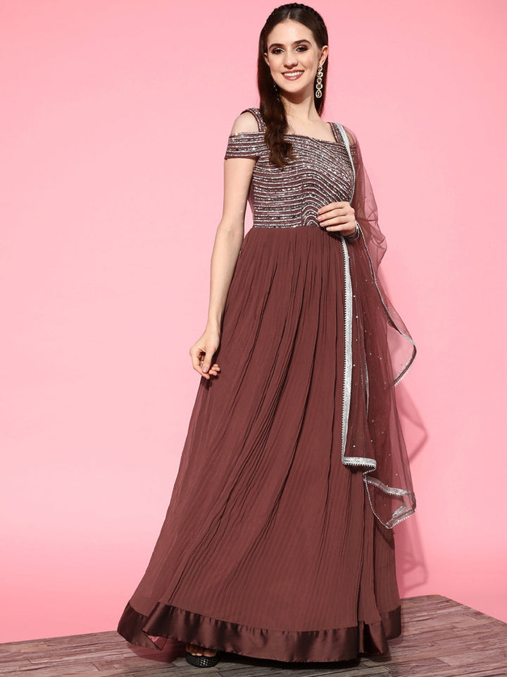 Mirror Work Embellished Pleated Georgette Gown with Sequinned Dupatta