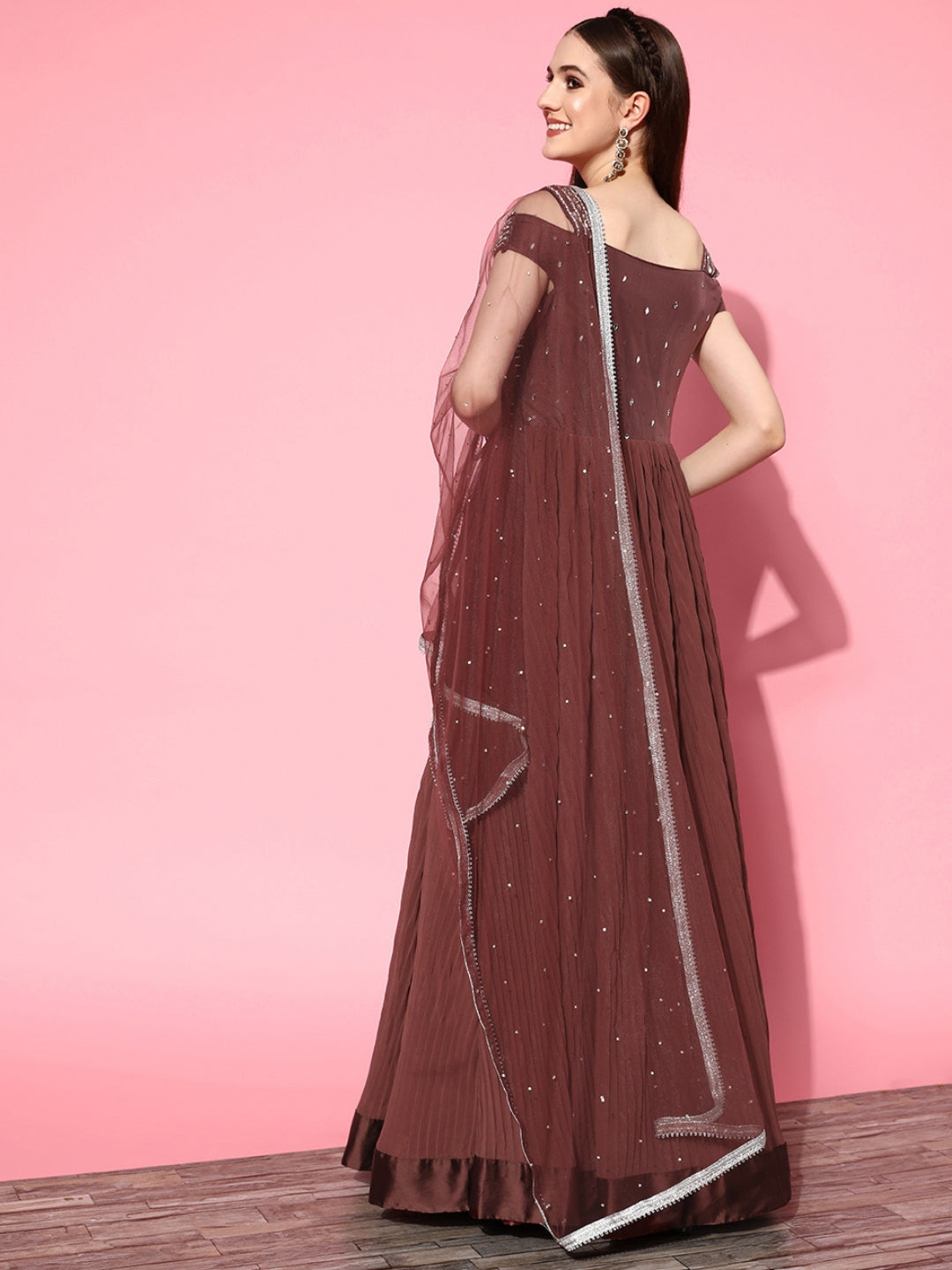 Mirror Work Embellished Pleated Georgette Gown with Sequinned Dupatta