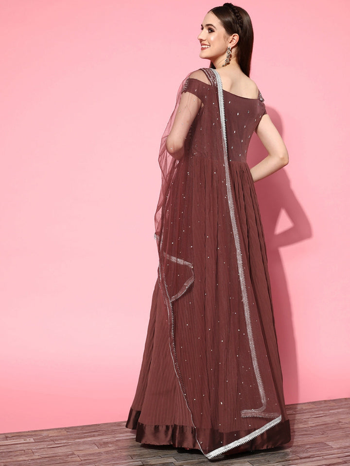 Mirror Work Embellished Pleated Georgette Gown with Sequinned Dupatta