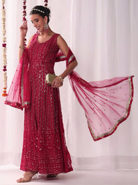 Chhabra 555 Chikankari Embroidery Sequinned Indo-western Front-Slit Kurta Set with Flared Pallazo