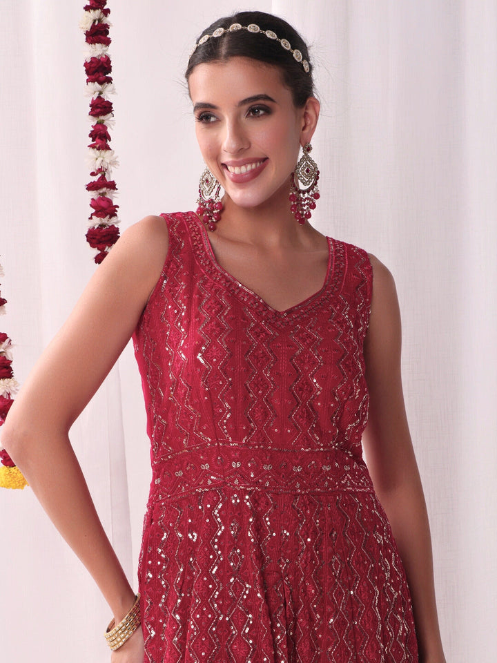 Chikankari Embroidery Sequinned Indo-western Front-Slit Kurta Set with Flared Pallazo
