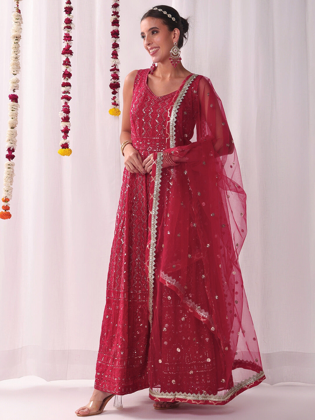 Chikankari Embroidery Sequinned Indo-western Front-Slit Kurta Set with Flared Pallazo