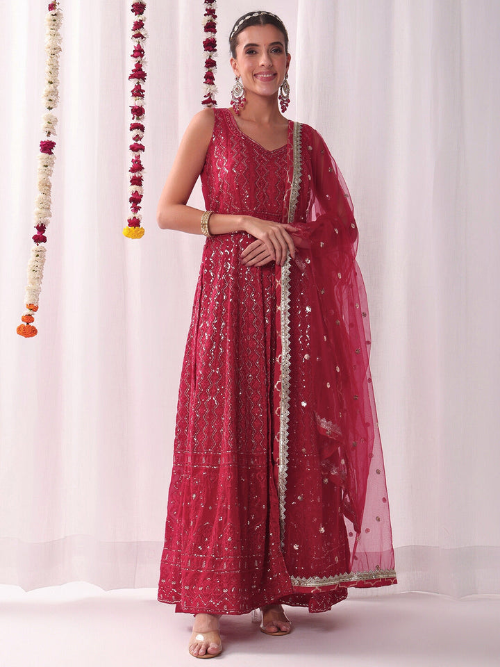 Chikankari Embroidery Sequinned Indo-western Front-Slit Kurta Set with Flared Pallazo