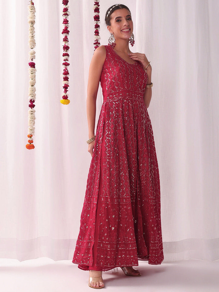 Chikankari Embroidery Sequinned Indo-western Front-Slit Kurta Set with Flared Pallazo
