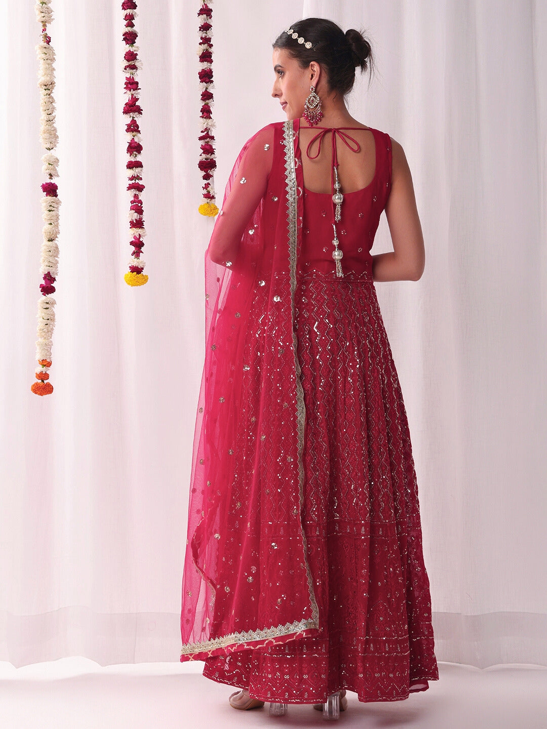 Chikankari Embroidery Sequinned Indo-western Front-Slit Kurta Set with Flared Pallazo