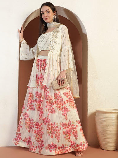 Chhabra 555 Indo-western Floral Print Pleated Lehenga Set with Sequin Embroidered Scalloped Jacket