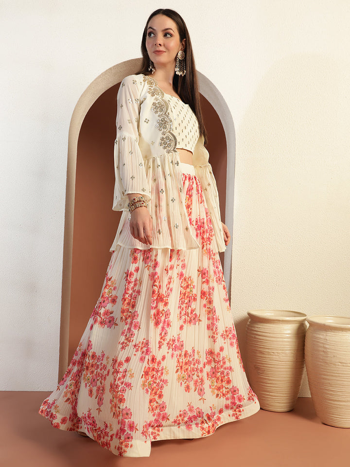 Indo-western Floral Print Pleated Lehenga Set with Sequin Embroidered Scalloped Jacket