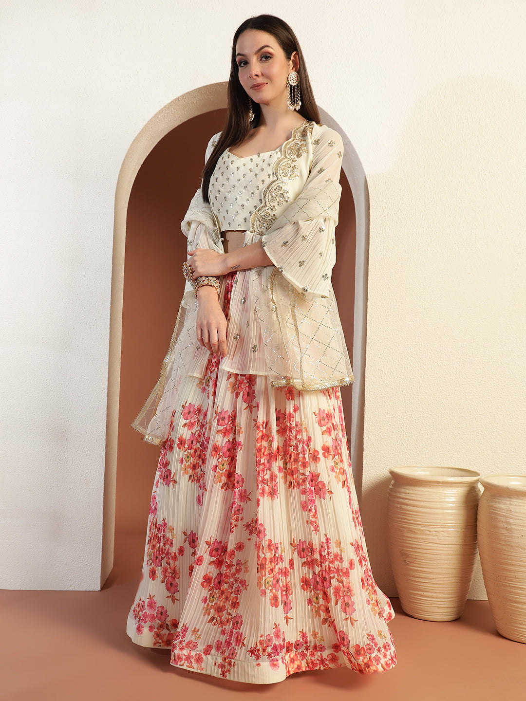Indo-western Floral Print Pleated Lehenga Set with Sequin Embroidered Scalloped Jacket