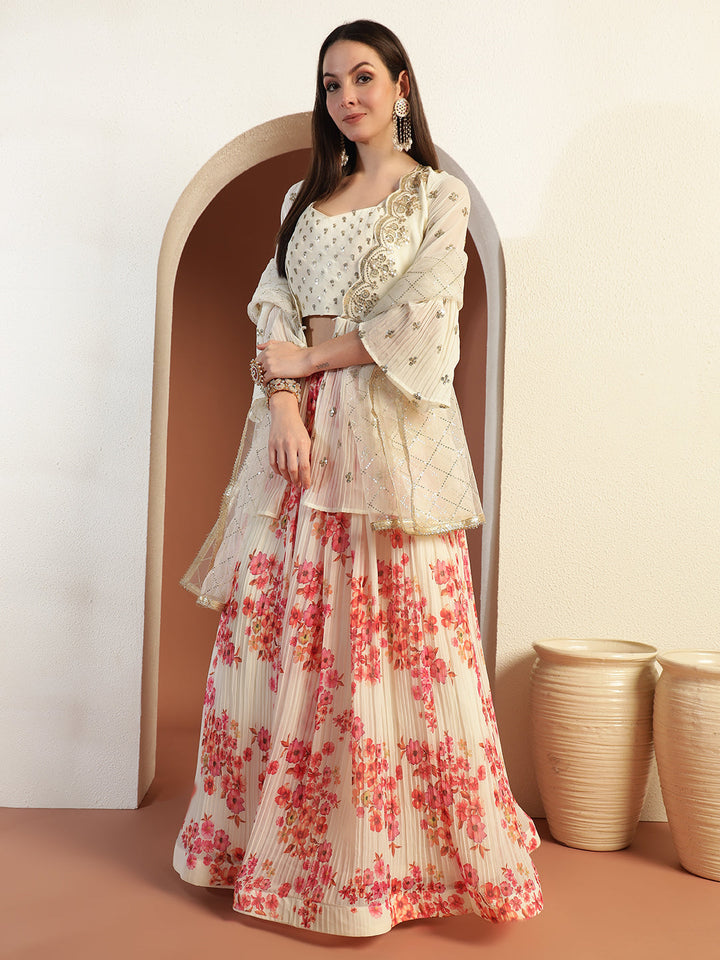 Indo-western Floral Print Pleated Lehenga Set with Sequin Embroidered Scalloped Jacket