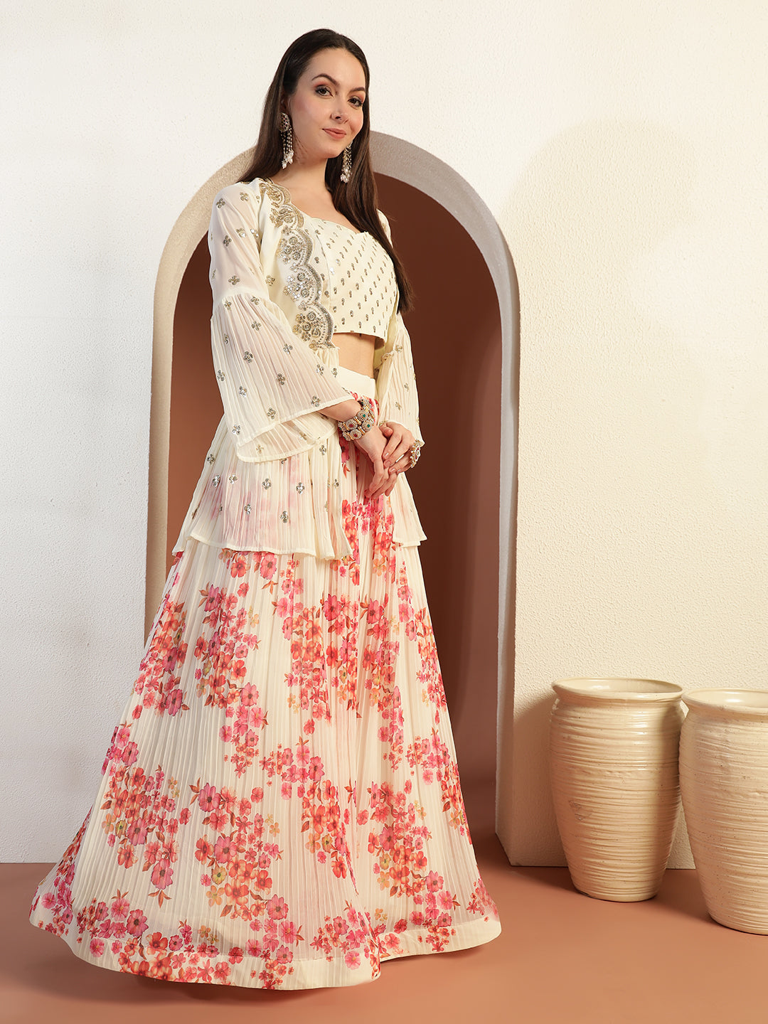 Indo-western Floral Print Pleated Lehenga Set with Sequin Embroidered Scalloped Jacket