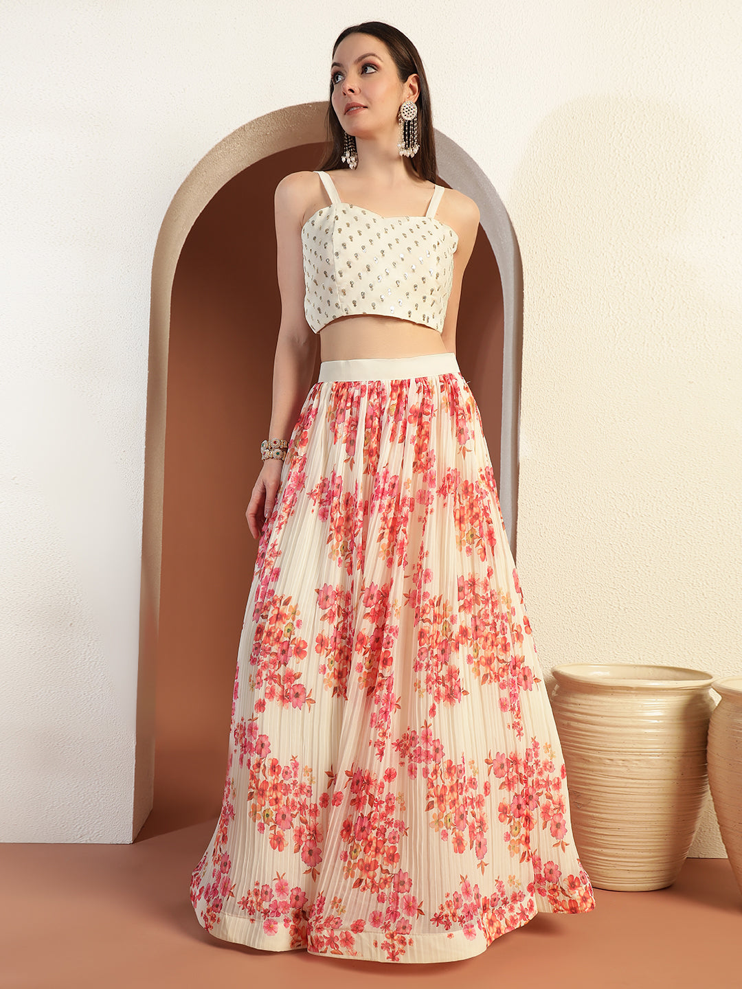 Indo-western Floral Print Pleated Lehenga Set with Sequin Embroidered Scalloped Jacket