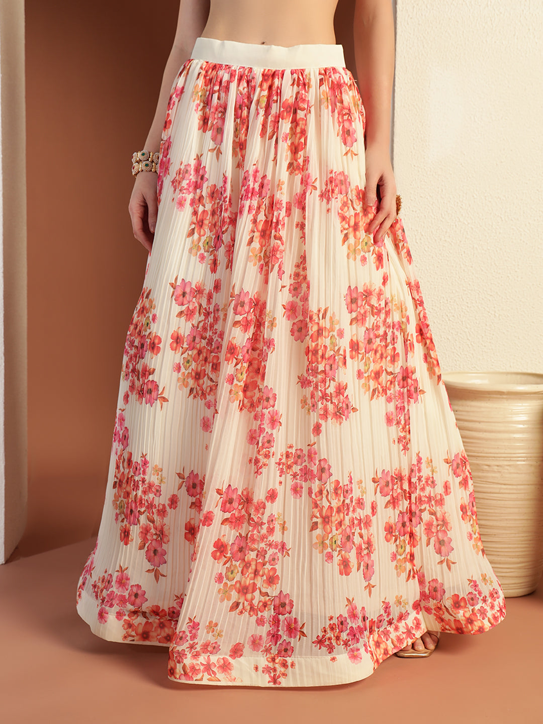 Indo-western Floral Print Pleated Lehenga Set with Sequin Embroidered Scalloped Jacket