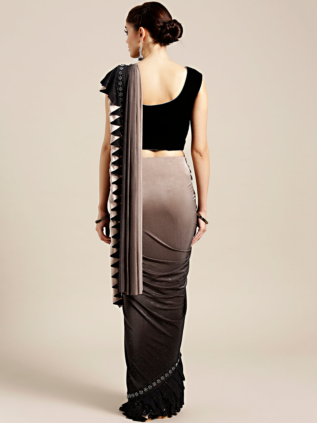Draped Ruffled Pre-stitched Saree with Embellished Crystal-studded Crop Top Blouse