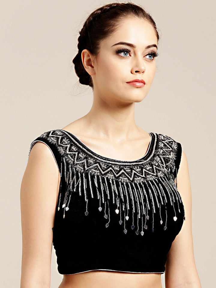 Draped Ruffled Pre-stitched Saree with Embellished Crystal-studded Crop Top Blouse