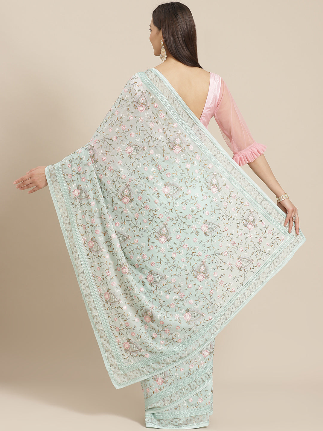 Pastel Georgette Saree With Multicolor Resham Embroidered Floral Jaal & Swarovski Crystal Border