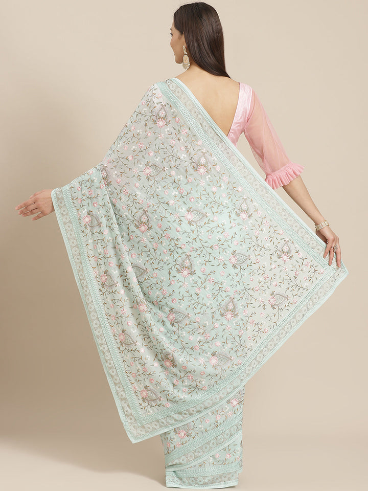Pastel Georgette Saree With Multicolor Resham Embroidered Floral Jaal & Swarovski Crystal Border