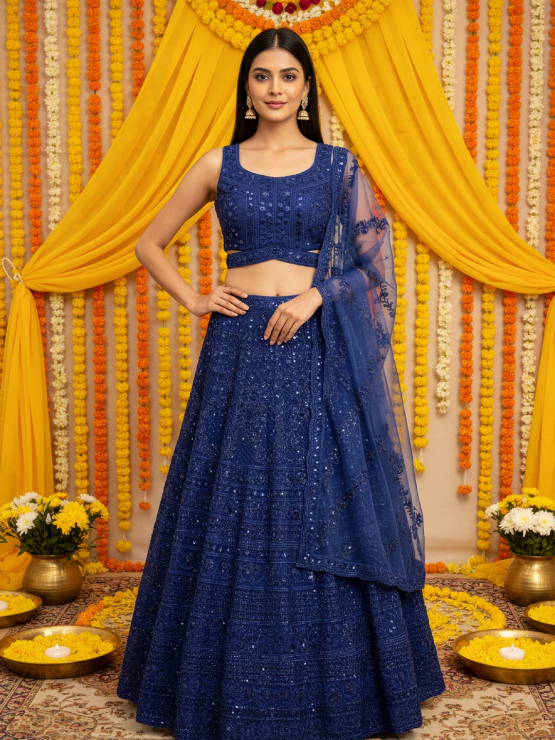 Heavy Resham Embroidered & Sequin Bling Net Lehenga with Waist Belt Cut-out Blouse