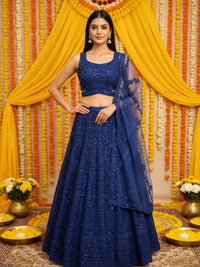Heavy Resham Embroidered & Sequin Bling Net Lehenga with Waist Belt Cut-out Blouse