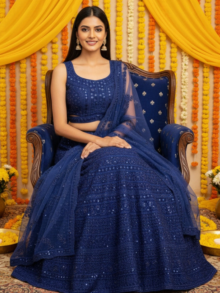 Heavy Resham Embroidered & Sequin Bling Net Lehenga with Waist Belt Cut-out Blouse