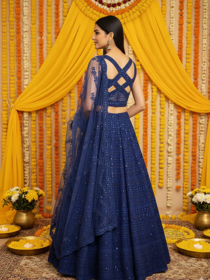 Heavy Resham Embroidered & Sequin Bling Net Lehenga with Waist Belt Cut-out Blouse