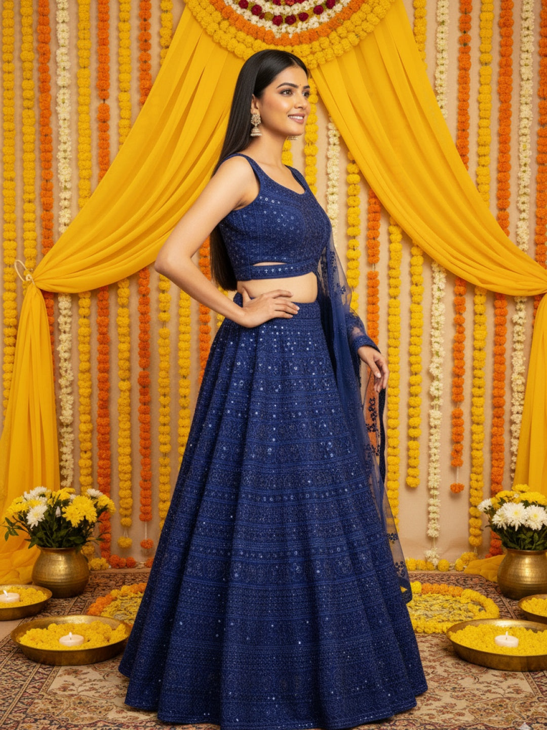 Heavy Resham Embroidered & Sequin Bling Net Lehenga with Waist Belt Cut-out Blouse