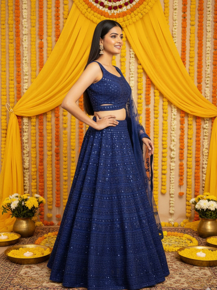 Heavy Resham Embroidered & Sequin Bling Net Lehenga with Waist Belt Cut-out Blouse