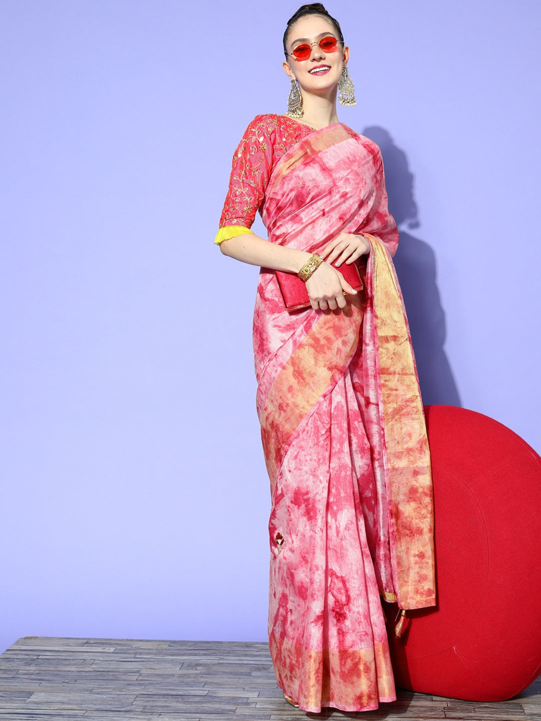 Pink Tie & Dye Batik Prints & Gota-Patti Resham Embroidered Saree