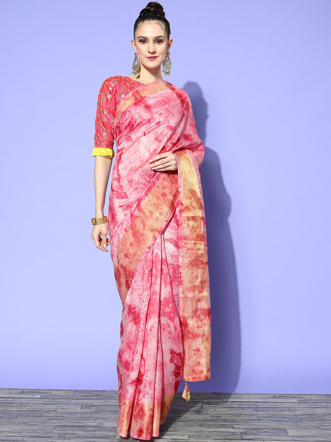 Pink Tie & Dye Batik Prints & Gota-Patti Resham Embroidered Saree