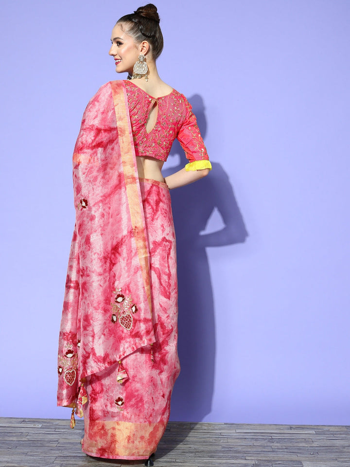 Pink Tie & Dye Batik Prints & Gota-Patti Resham Embroidered Saree