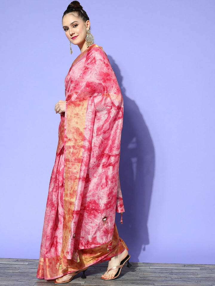 Pink Tie & Dye Batik Prints & Gota-Patti Resham Embroidered Saree