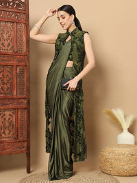Chhabra 555 Mehendi Green Pre-stitched Ready to wear Saree with Sequin Embellished Long Jacket