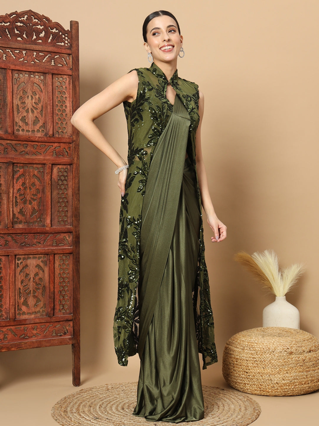 Mehendi Green Pre-stitched Saree with Sequin Embellished Long Jacket