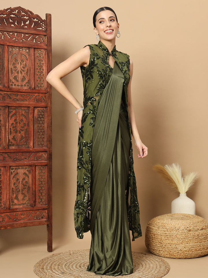 Mehendi Green Pre-stitched Saree with Sequin Embellished Long Jacket