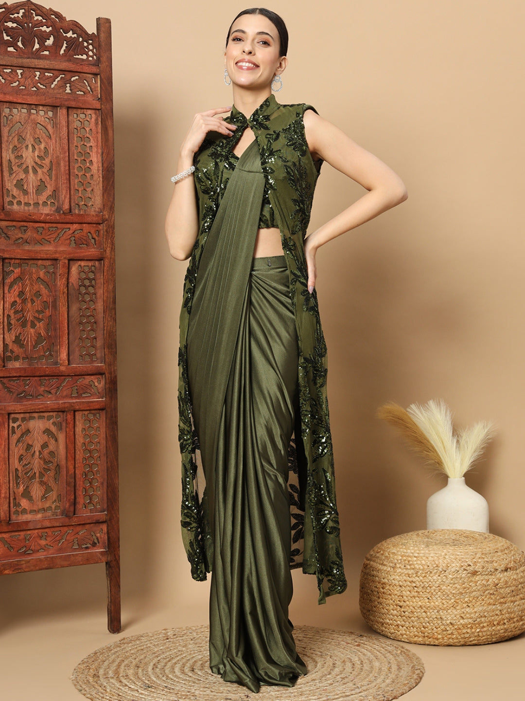 Mehendi Green Pre-stitched Saree with Sequin Embellished Long Jacket