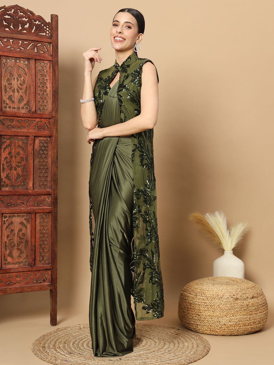 Mehendi Green Pre-stitched Saree with Sequin Embellished Long Jacket