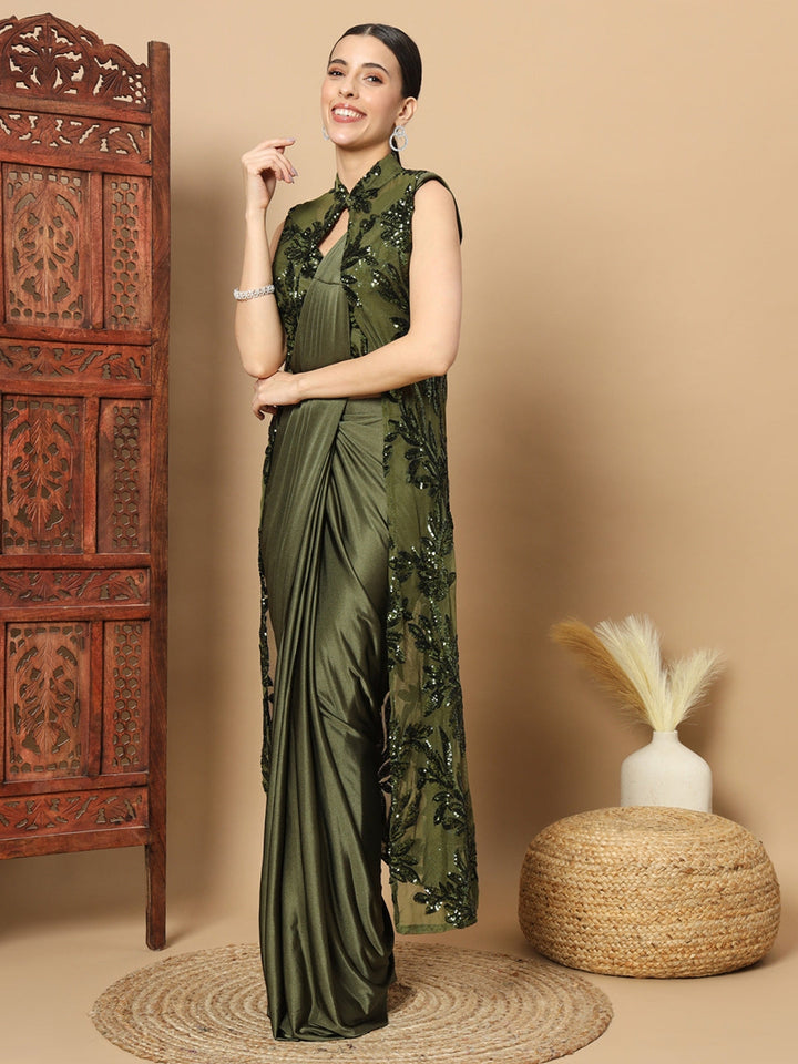 Mehendi Green Pre-stitched Saree with Sequin Embellished Long Jacket