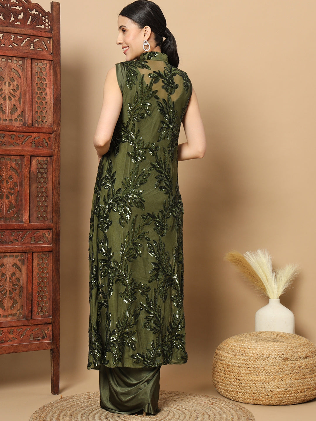 Mehendi Green Pre-stitched Saree with Sequin Embellished Long Jacket