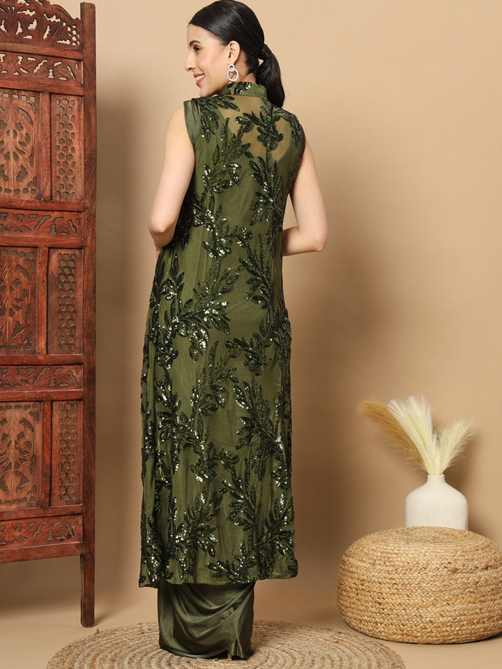 Mehendi Green Pre-stitched Saree with Sequin Embellished Long Jacket