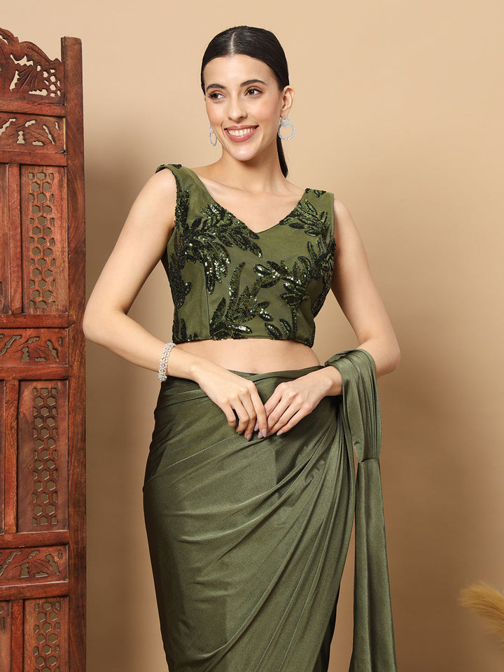 Mehendi Green Pre-stitched Saree with Sequin Embellished Long Jacket